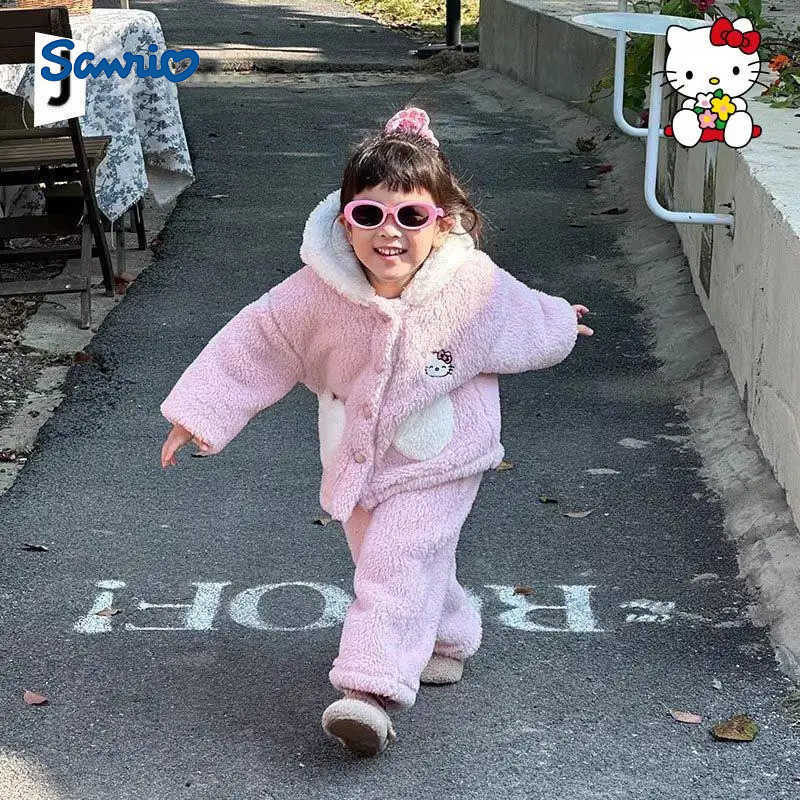 Sanrio Hellokitty Girls Loungewear Set Kawaii Y2K Anime Childrens Clothing Cute Soft Comfortable Flannel Long Sleeve Pajama H251216-image-1088697691