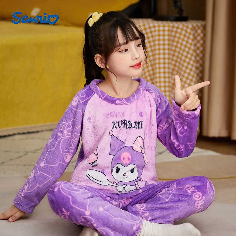 Sanrio Kuromi Winter Childrens Pajamas Fleece Thickened Boys And Girls Baby Home Wear Comfortable Sleep Suit for Kids H251216-image-1088714085
