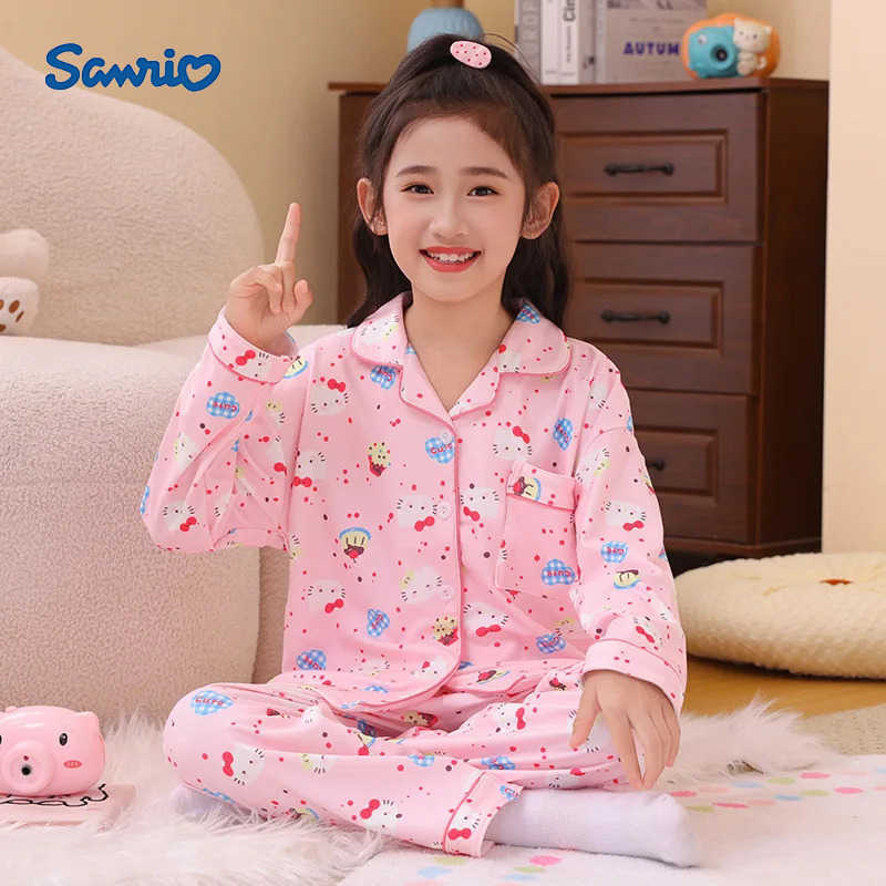 Sanrio Kawaii 2Pcs Hello Kitty Nightclothes Velvet Anime Girls Childrens Homewear Thin Plush Tops Pants Soft Cotton Warm Anime Pajamas H251216-image-1088667430