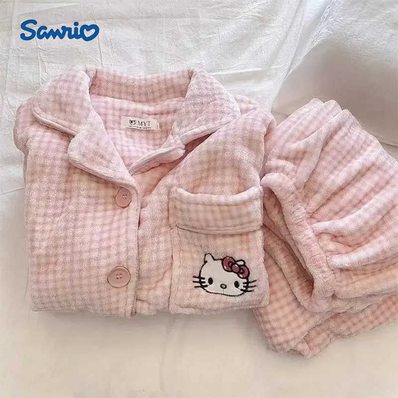 Sanrio New Hello Kitty pompompurin cute creative anime movie thickened velvet pajamas cartoon personalized warm home clothes set H251216-image-1088666962