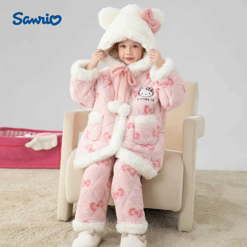 Sanrio Kawaii Winter New Hello Kitty Cinnamoroll Kuromi Children Plush Pajama Triple-Layered Thicken Girls Hooded Warm Home Clothes H251216-image-1088665804