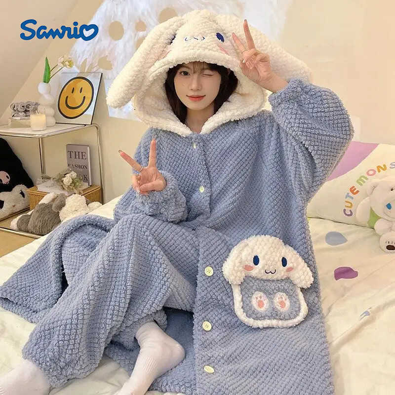Sanrio Hot 2025 New Yugui Dog Cartoon Image Autumn Winter Pajamas Long Hooded Thickened Warm Robe Sleeping Pants Home Clothes H251216-image-1088665543