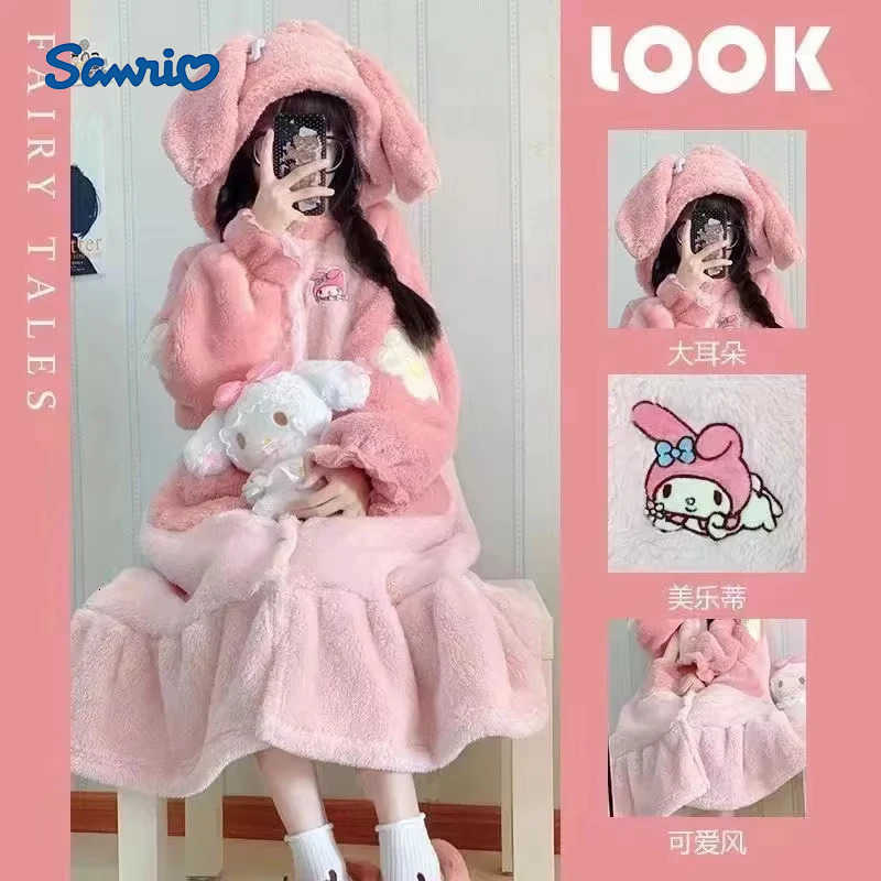Sanrio My Melody Pajamas Kawaii Kuromi Girls Winter Coral Velvet Nightgown Couple Sweet Long Bathrobe Casual Warm Home Wear Gift H251216-image-1088697417