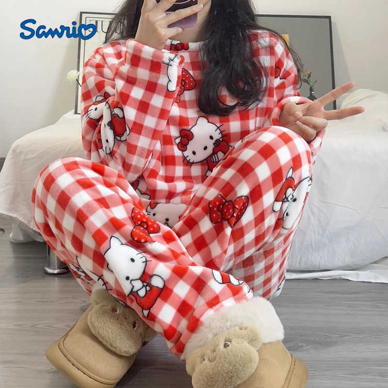 Sanrio Cartoon Hellokitty Womens Pajamas Plush Set Autumn Winter Flannel Keep Warm Sweet Girl Kt Home Round Neck Pajamas Homewear H251216-image-1088665336