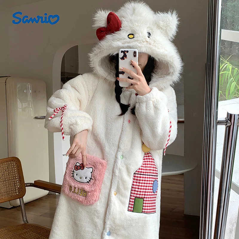 Sanrio Plush Pajamas Winter Hello Kitty Hooded Nightgown Girls Women Thickened Warm Outdoor Home Wear Cartoon Sleepwear H251216-image-1088665897