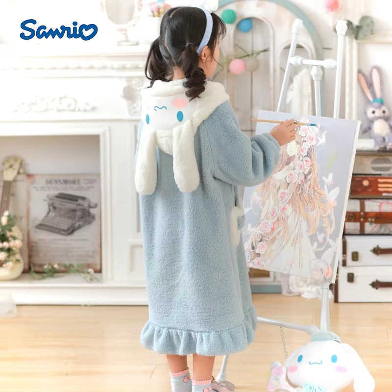 Sanrio Cinnamoroll Kuromi Childrens Night-Robe Anime Girls Boy Kawaii Cartoon Coral Fleece Hooded Nightgown Pants Cute Homewear H251216-image-1088667717