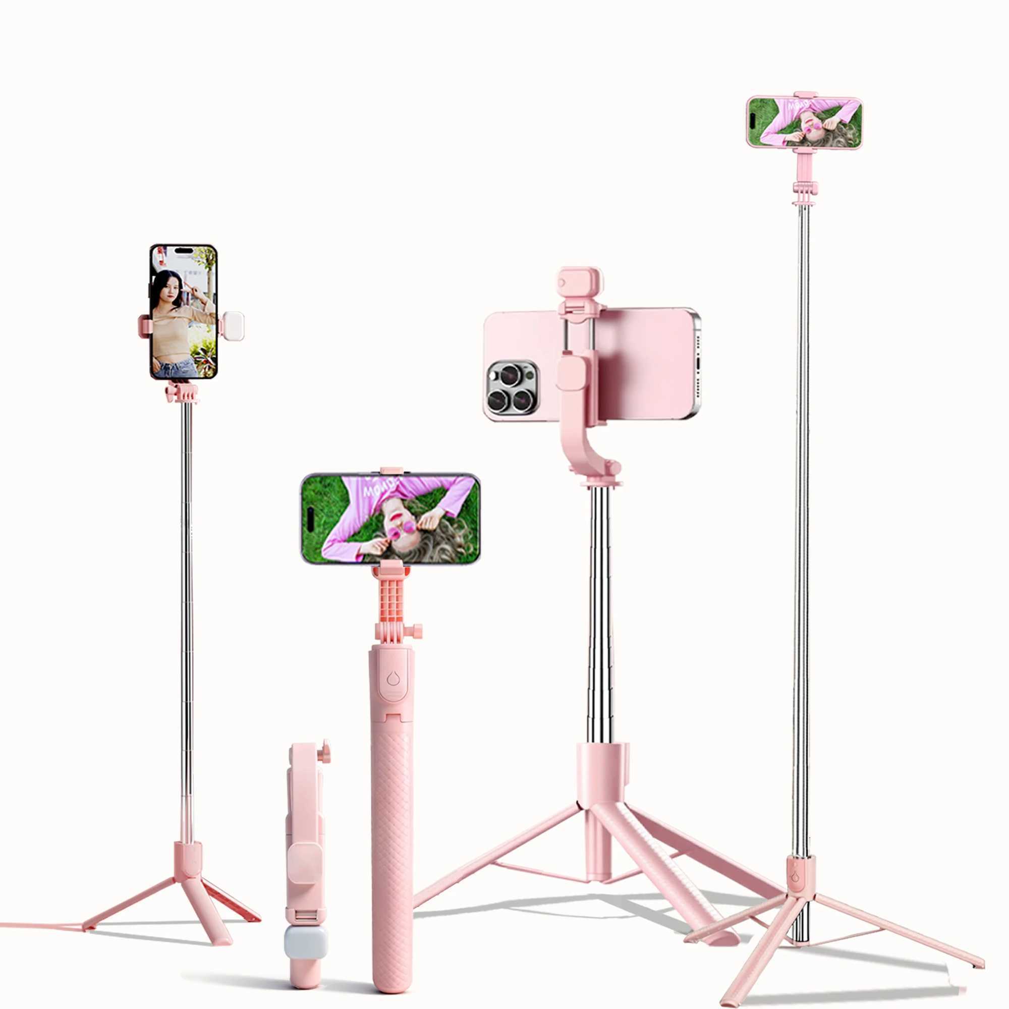 Extendable Aluminum Selfie Stick Tripod Fill Light Bluetooth-compatible Remote Compatible with iPhone/android for Travel G251216-image-1088571639