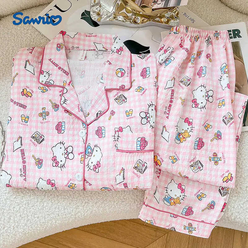 Sanrio Womens New Pajamas 2Pcs Cute Cat Hello Kitty Girl Long Sleeve Cartoon Cute Sweet Home Clothes Set Student Anime Fashion Pajamas H251216-image-1088667705