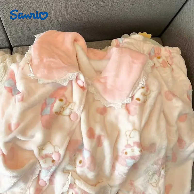 Sanrio Cute Plush Pajamas Suit Melody Anime Kawaii Sanrios Coral Fleece Women Sleepwear Loose Cardigan Tops Pant Student Homewear H251216-image-1088666345