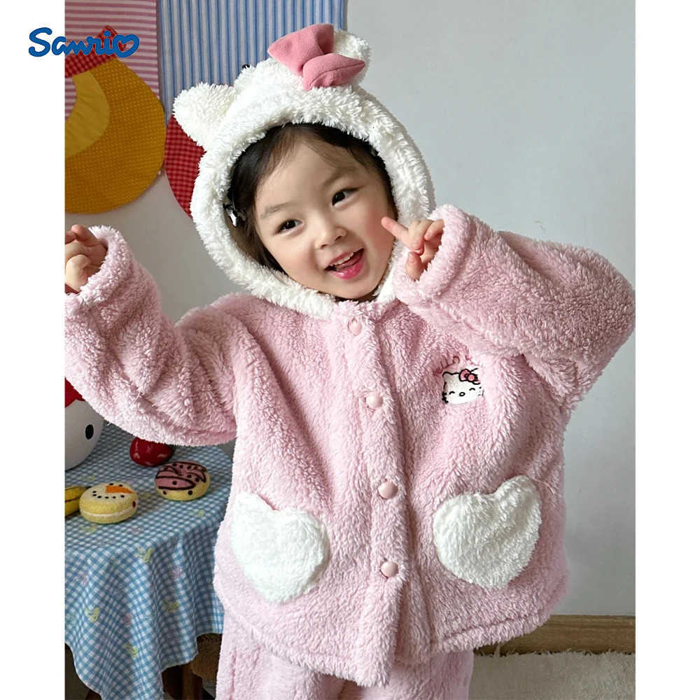 Sanrio 2Pcs Kittys Girls Velvet Pajama Set Kawaii Anime Winter Flannel Warm Hooded Thicke Embroidery Coat Pants Cartoon Homewear Set H251216-image-1088698020