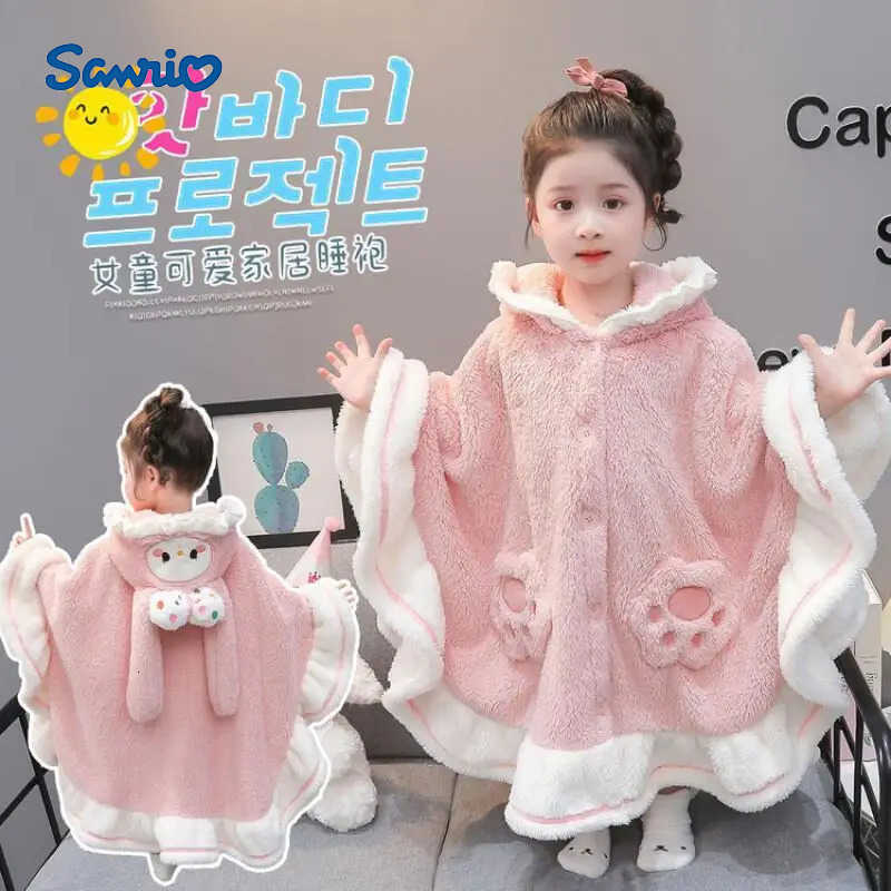 Sanrio Girls 2025 Autumn Winter Flannel Robe Comfortable Hooded Nightgown Cartoon Loungewear Warmth Kids Clothing New Trendy Pj Set H251216-image-1088666696