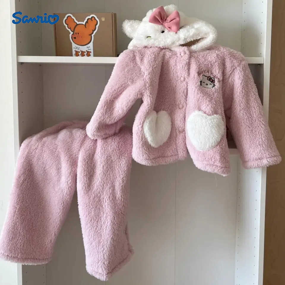 Sanrio Hot Hello Kitty Winter New Warm Pink Pajamas Home Wear Set Cute Hooded Clothes Gifts Girls Kawaii Cartoon Plush Comfort H251216-image-1088697892