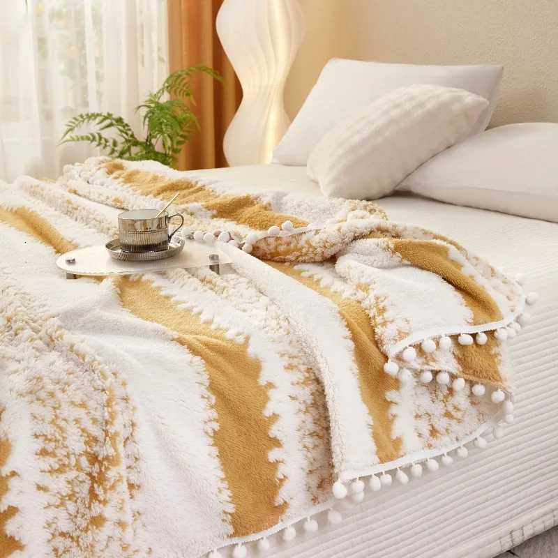 Double Sided Striped Jacquard Wool Ball Blanket Casual Blanket Comfortable and Breathable Winter Bed Sheet H251216-image-1088602213