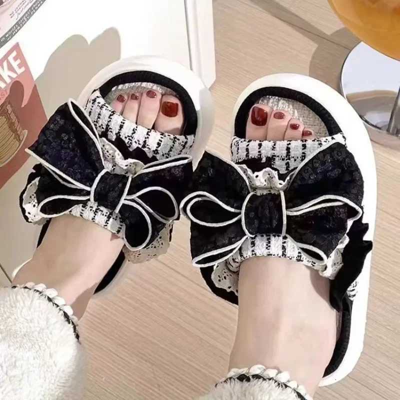 Pantofole di lino da donna estive per interni domestici antiscivolo sandali con plateau carini scarpe con fiocco nere alla moda morbide e confortevo