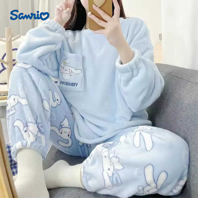 Sanrio Anime Cinnamoroll Pajamas Kawaii Kuromi My Melody Flannel Pullover Coral Velvet Winter Warm Pajamas Homewear Girl Gifts H251216-image-1088663479
