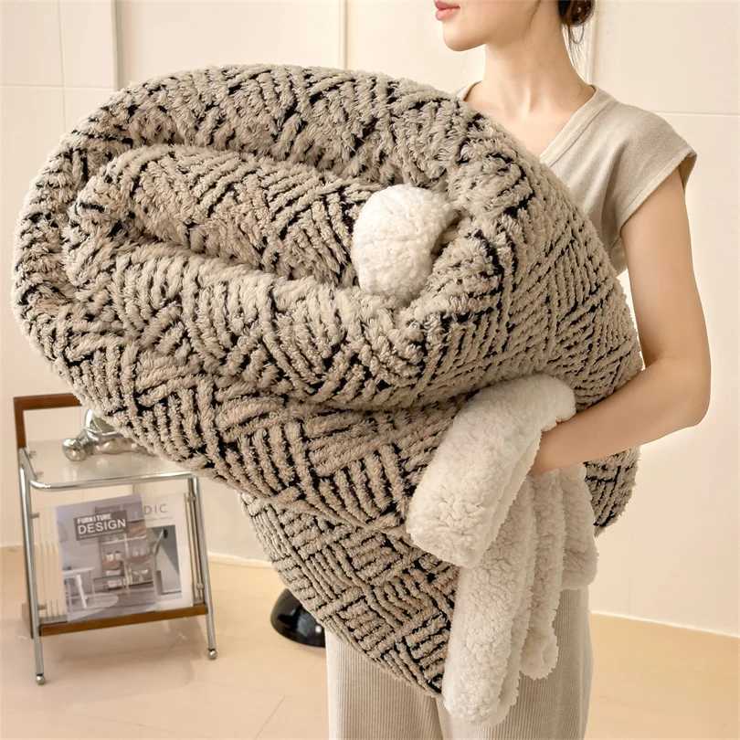Luxury Double Layer Faux Fleece Fur Throw Blanket Soft Warm Gray Striped Office Sofa Blanket and Pillow Cases Fluffy Bed Blanket H251216-image-1088600785