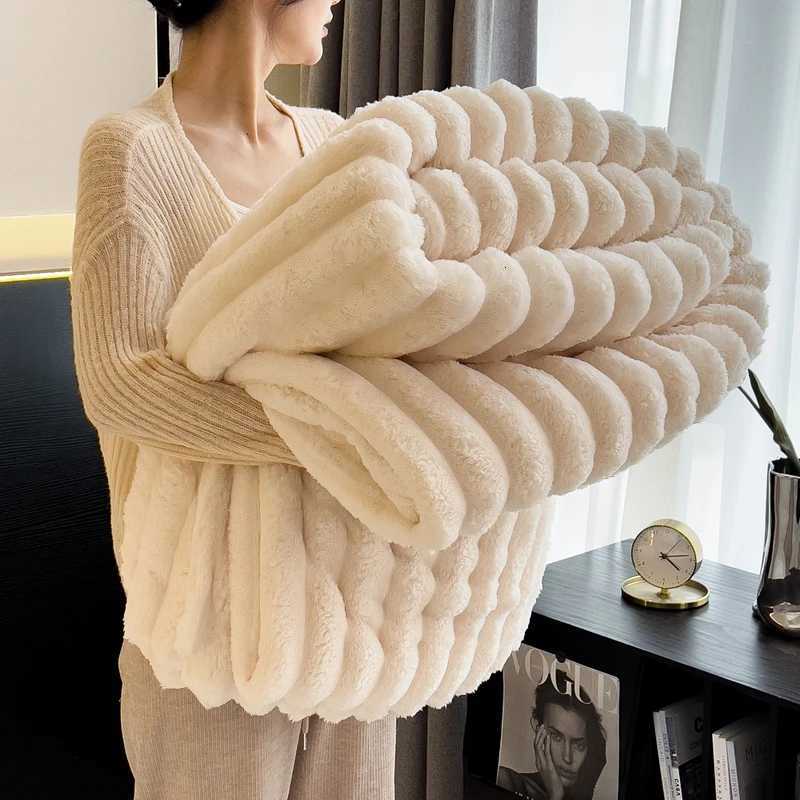 Furry Plush Warm Winter Blanket Solid Strip Velvet Coral Fleece Flannel Soft Thick Bedspread for Bed Sofa Single Double Size H251216-image-1088601132
