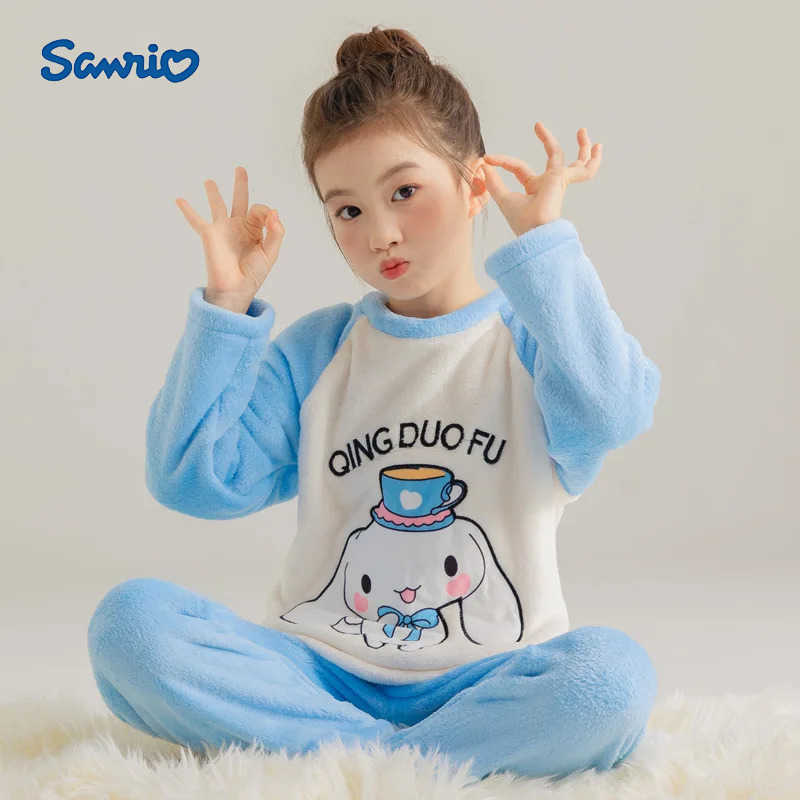 Sanrio Kawaii Kids Winter Pajamas Set Anime Kuromi Melody Cinnamoroll Girls Warm Flannel Sleepwear Homewear for Children H251216-image-1088710362