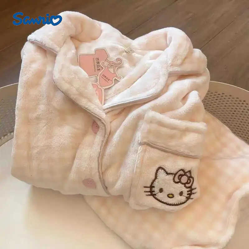 Sanrio Kawaii Hello Kitty Children Flannel Pajama Set Anime Cartoon Print Cardigan Pants Pajama Coral Parent-Child Homewear Gift H251216-image-1088667268
