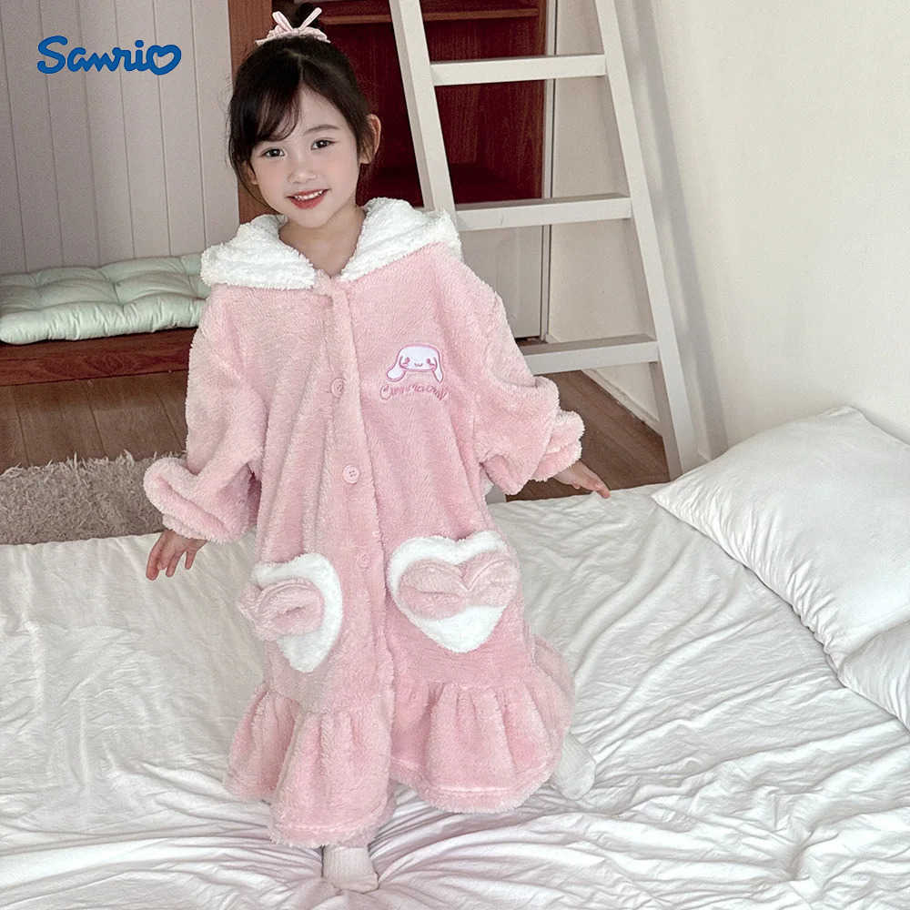 Sanrio Cinnamoroll Girls Pajamas Robe Suit Nightdress Winter Flannel Cartoon Kawalii Sweet Girls Gifts Keep Warm Overcoat H251216-image-1088666569