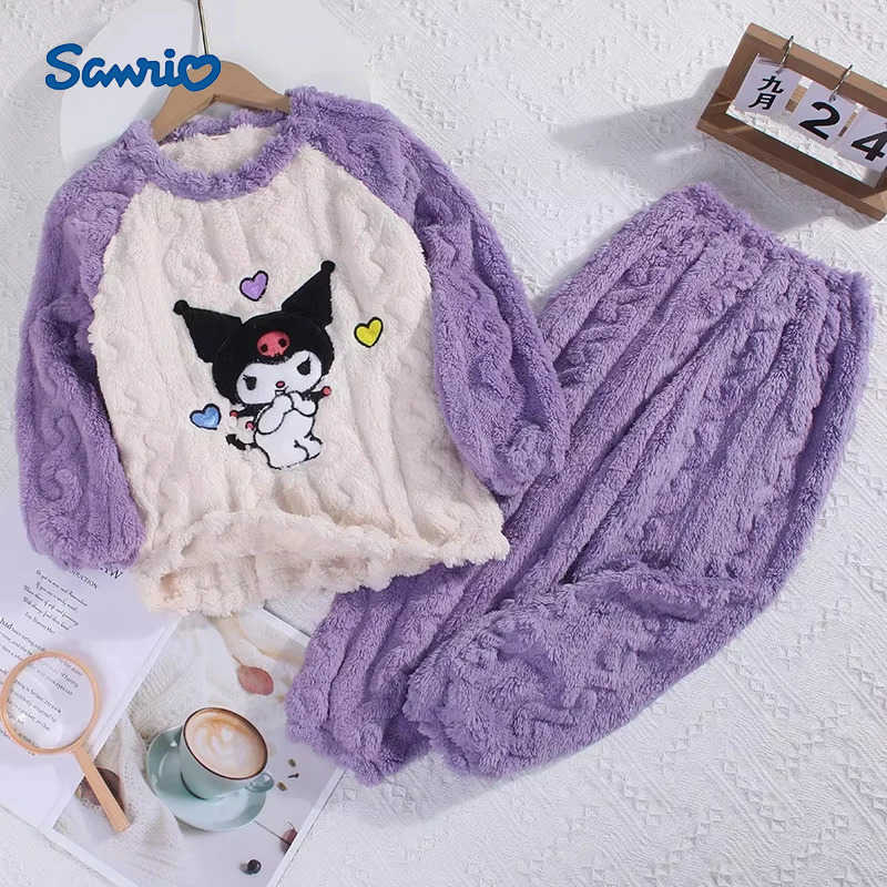 Sanrio Kuromi Winter Kids Plush Pajamas Sets New Kawaii Cinnamoroll Cartoon Soft Warm Boys Girls Sleepwear 2Pcs Child Housewear H251216-image-1088712740