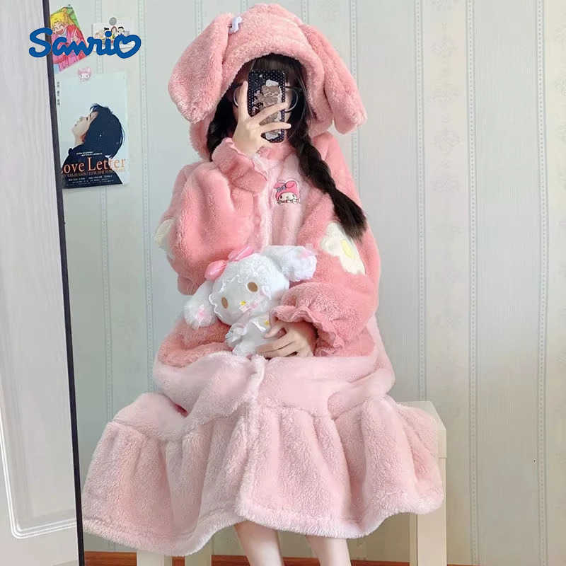 Sanrio Y2K Kawaii Hello Kitty Pajamas Women Cartoon Autumn Winter Coral Velvet Sleeping Skirt Girl Warm Cute Thick Home Casual Clothes H251216-image-1088665955