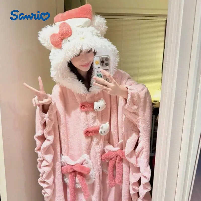 Sanrio Hello Kitty Cartoon Cute Pyjamas Kawaii Girls Sweet Princess Style Coral Fleece Autumn and Winter Thick Warm Loungewear Gift H251216-image-1088666008