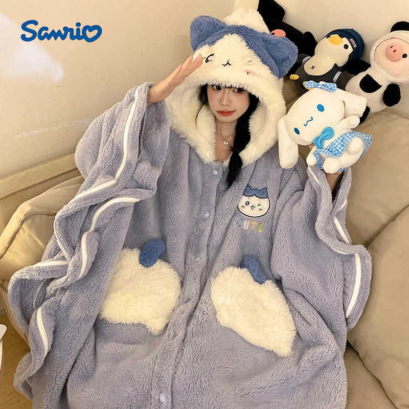 Sanrio Anime Chiikawa Hachiware Girls Hooded Nightgown Pajamas Cloak Winter Velvet Thicken Pajamas Casual Parent-Child Kawaii Homewear H251216-image-1088665911
