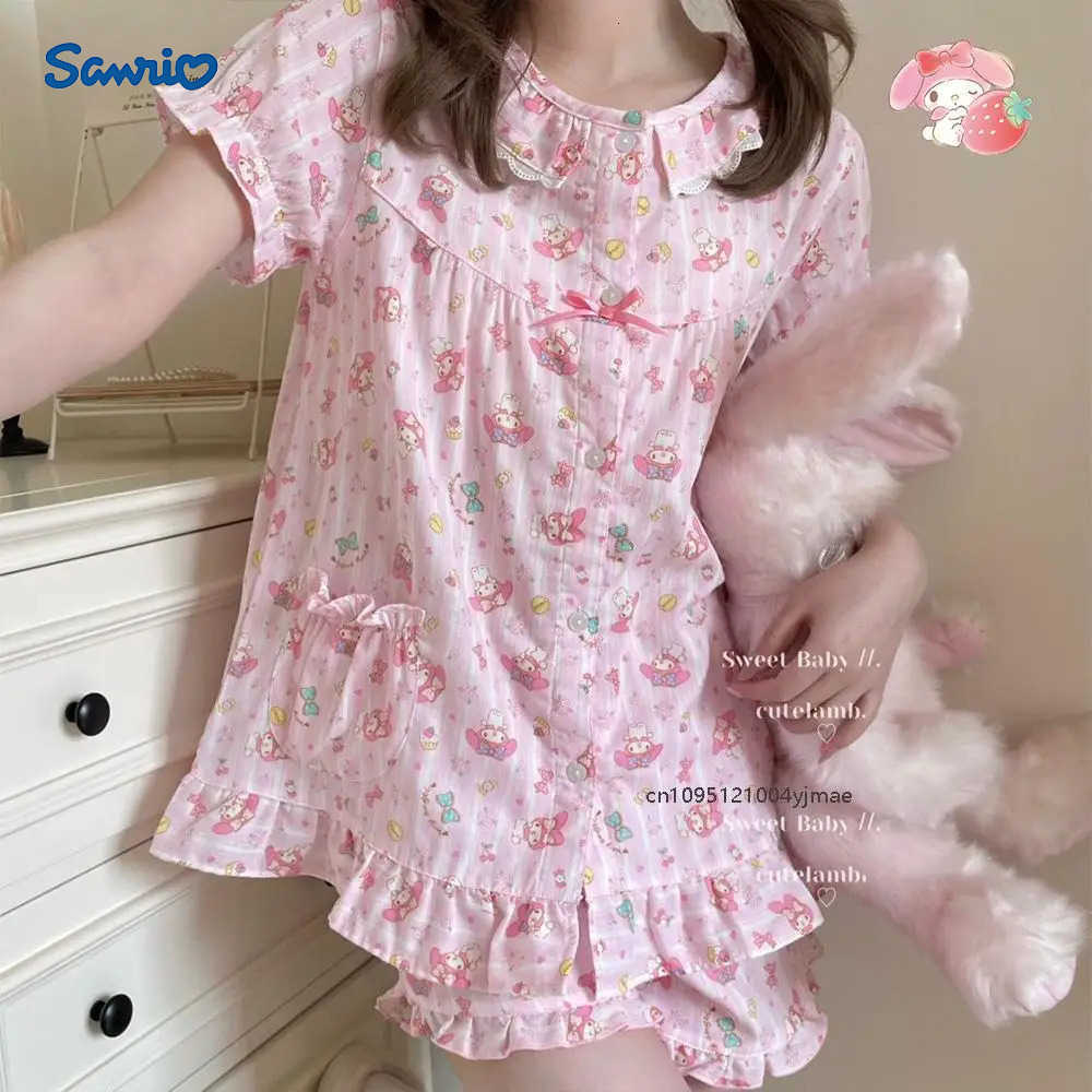 Sanrio 2Pcs My Melody Cute Pink Sweet Women Pajamas Suit Y2K Kt Cat Home Clothes Short Sleeve Top Shirt Shorts Summer Sleepwear H251216-image-1088666825