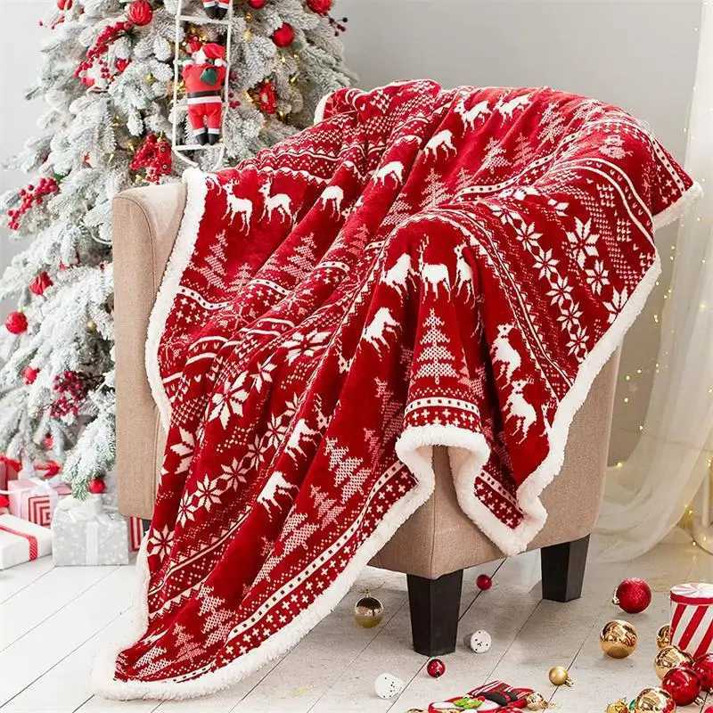 Red Christmas Blanket Santa Claus Snowman Throw Blanket Double Layer Thickening Fluffy Soft Fleece Flannel Blanket Home Decor H251216-image-1088601290