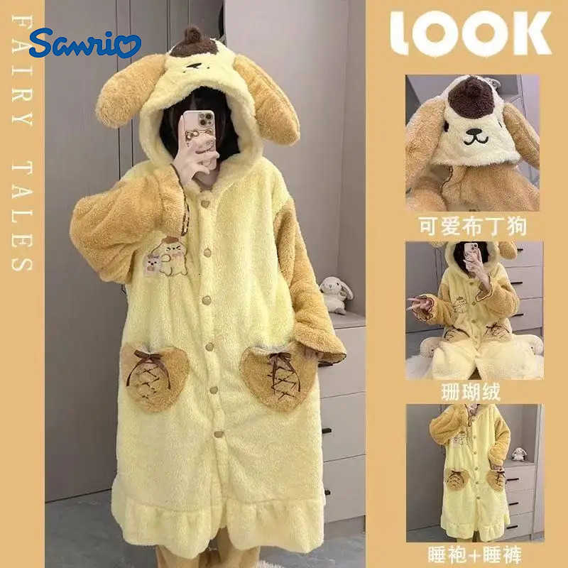 Sanrio Anime Pompompurin Pajamas Sanrioed Cute Cinnamoroll Women Plush Pajamas Suit Fall Winter Coral Fleece Loungewear Warm Night-Robe H251216-image-1088665681