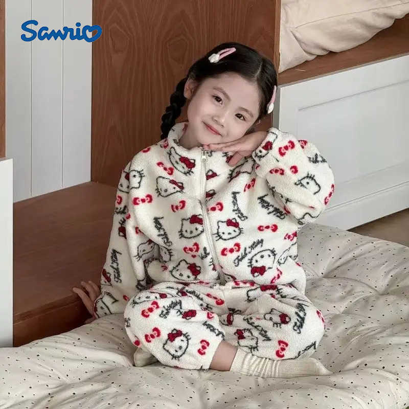 Sanrio Hello Kitty Kids Pajamas Sets Kawaii Girl Flanne Sleepwear 2Pcs Boy Winter Zipper Tops Pants Child Warm Home Clothes Suit H251216-image-1088706764