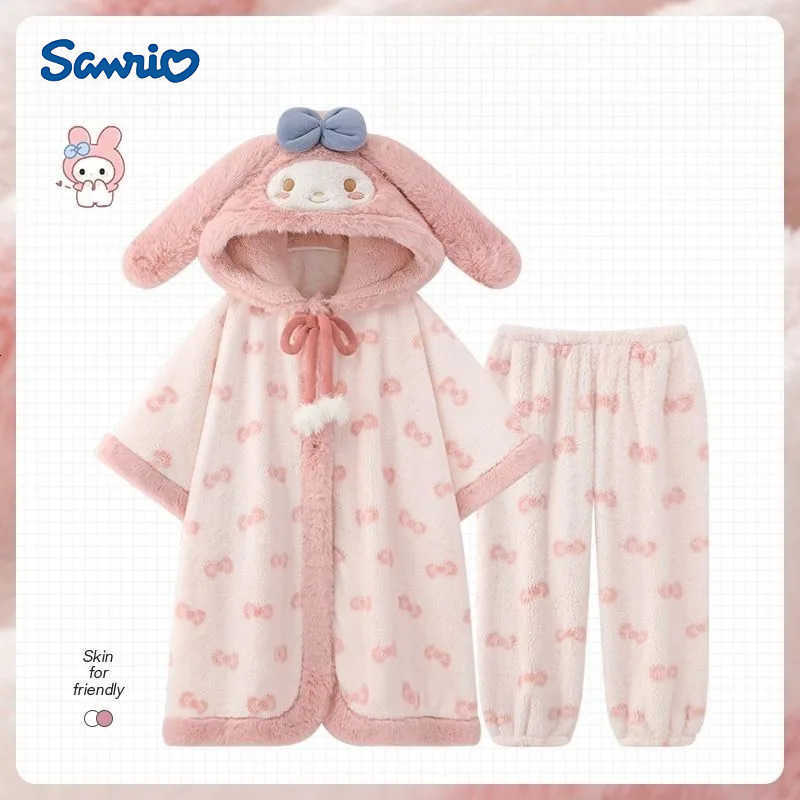 Sanrio Sweet Furry Hooded Hello Kitty Coral Fleece Plush Sleepwear Robe Winter Women Cute Can Be Worn Outside with Cape Pajamas H251216-image-1088666067
