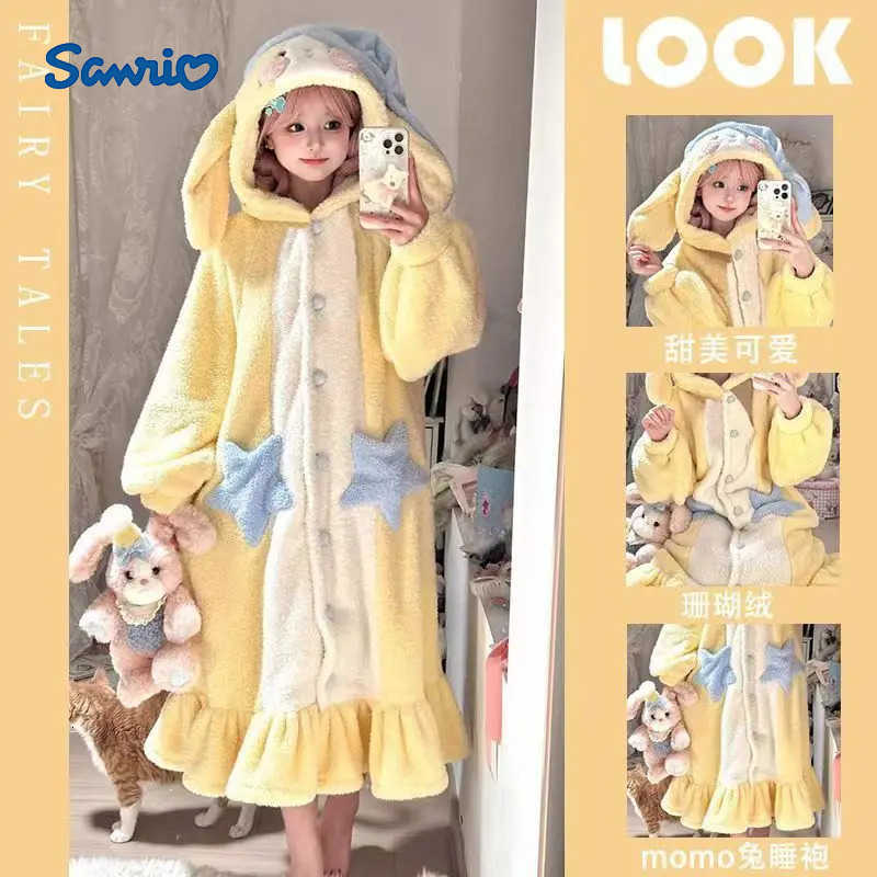 Sanrio Rabbit Night-Robe Sleepwear Set Anime Womens Winter Cute Girls Velvet Hooded Warm Soft Student Kawaii Cartoon Korean Homewear H251216-image-1088696901