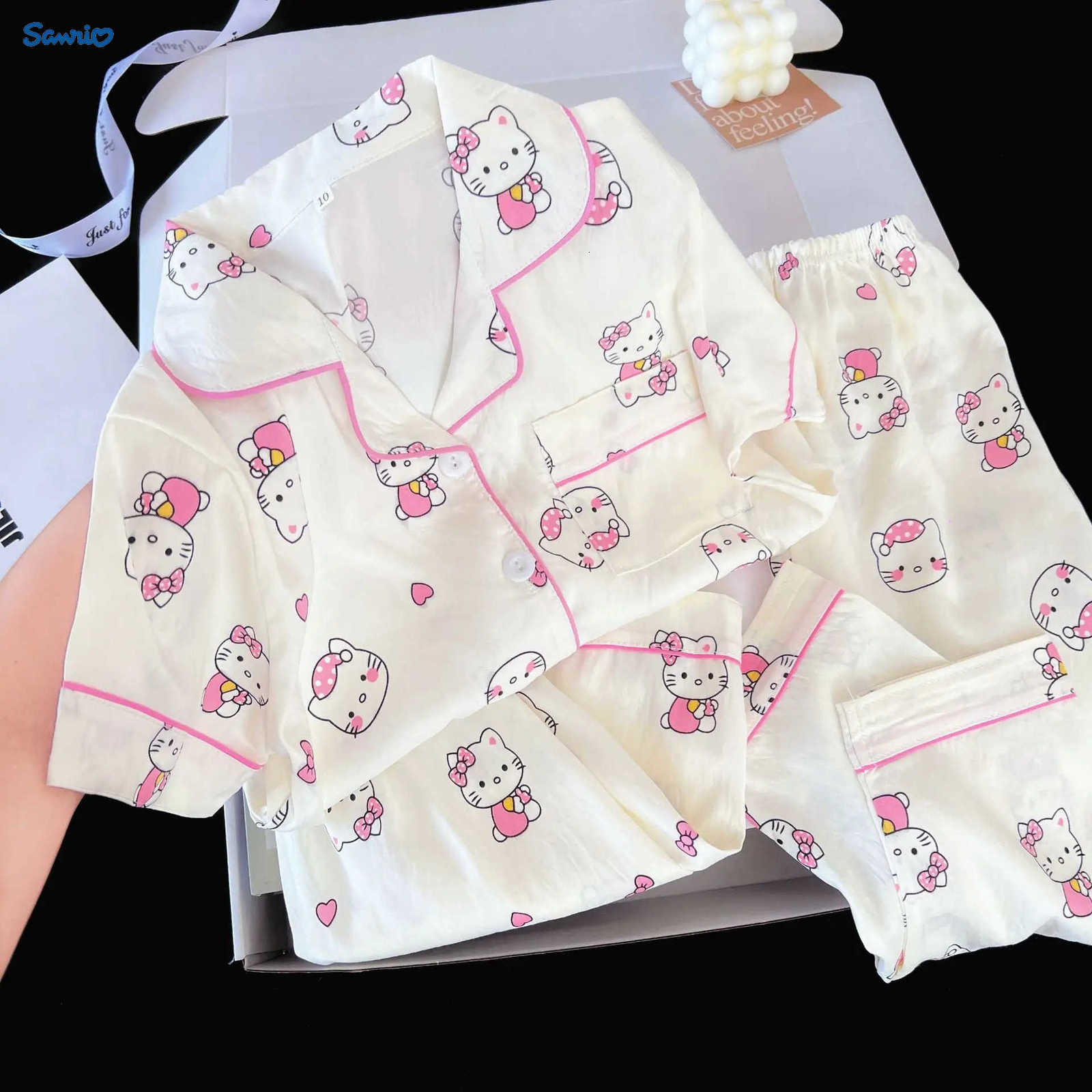 Sanrio Kawaii 3Pcs Hello Kitty Children Pajamas Set Anime Summer Fashion Print Tops Loose Princess Girls Cartoon Casual Wear Homewear H251216-image-1088667547