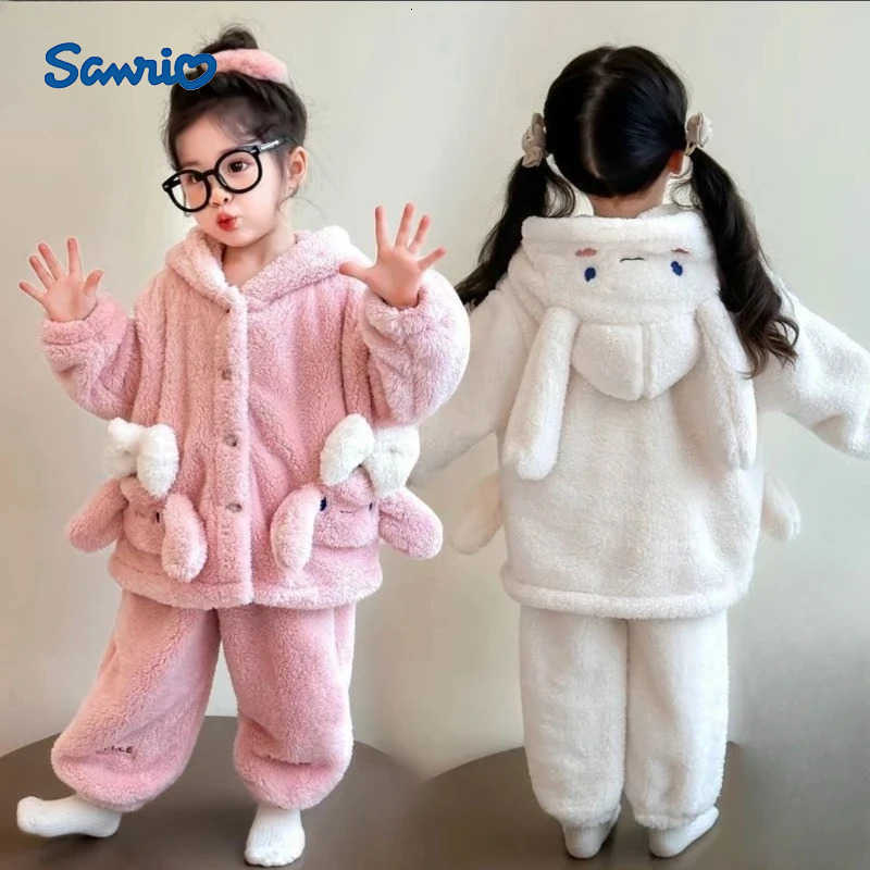 Sanrio Kids Bunny Pajama Set Girls Fleece Hooded Sleepwear with Cartoon Print Winter Loungewear H251216-image-1088697916