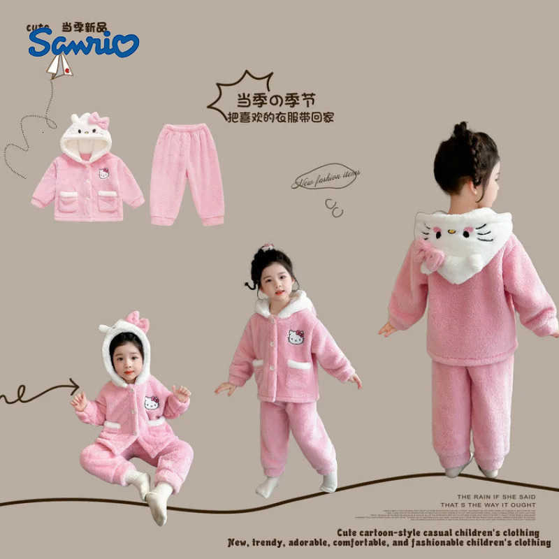 Sanrio Thicken Child Pajamas Girl Cartoon Autumn Winter New Hello Kittys Cardigan Keep Warm Coral Fleece Kids Household Clothes H251216-image-1088696855