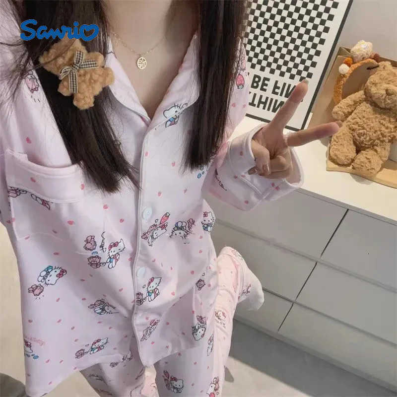 Sanrio Hello Kitty Women Pajamas Kawaii Cartoon Autumn and Winter Leisure Long Sleeves Long Pants Keep Warm Homewear Set New H251216-image-1088664843