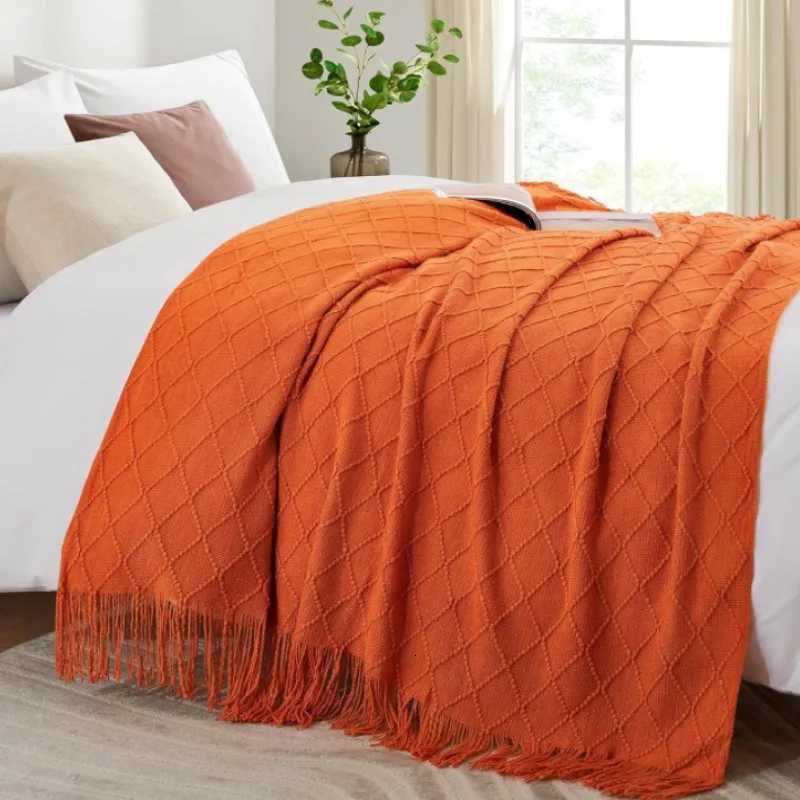 Orange Knitted Throw Blanket with Tassels Oversized Gift Blanket Vintage Decorative Boho Farmhouse Lightweight Travel Blankets H251216-image-1088601689