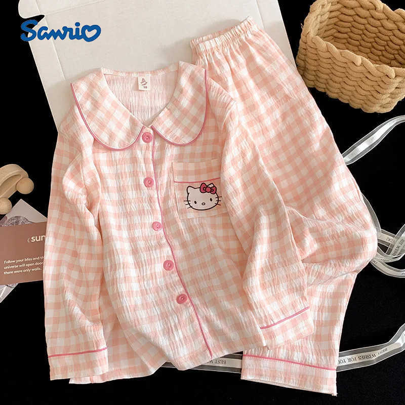 Sanrio Anime Hello Kitty Parent-Child Pajamas Set Kawaii Girls Pjs Fashion Loose Lapel Cardigan Print Tops Pants Kids Cartoon Homewear H251216-image-1088667586