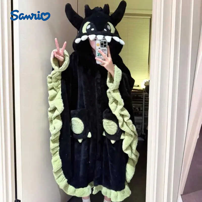 Sanrio Cute Anime Print 2025 Autumn and Winter New Style Nightgown Girl Cartoon Sweet Kawaii Sleepwear Warm Home Pajama Woman Winter H251216-image-1088665971