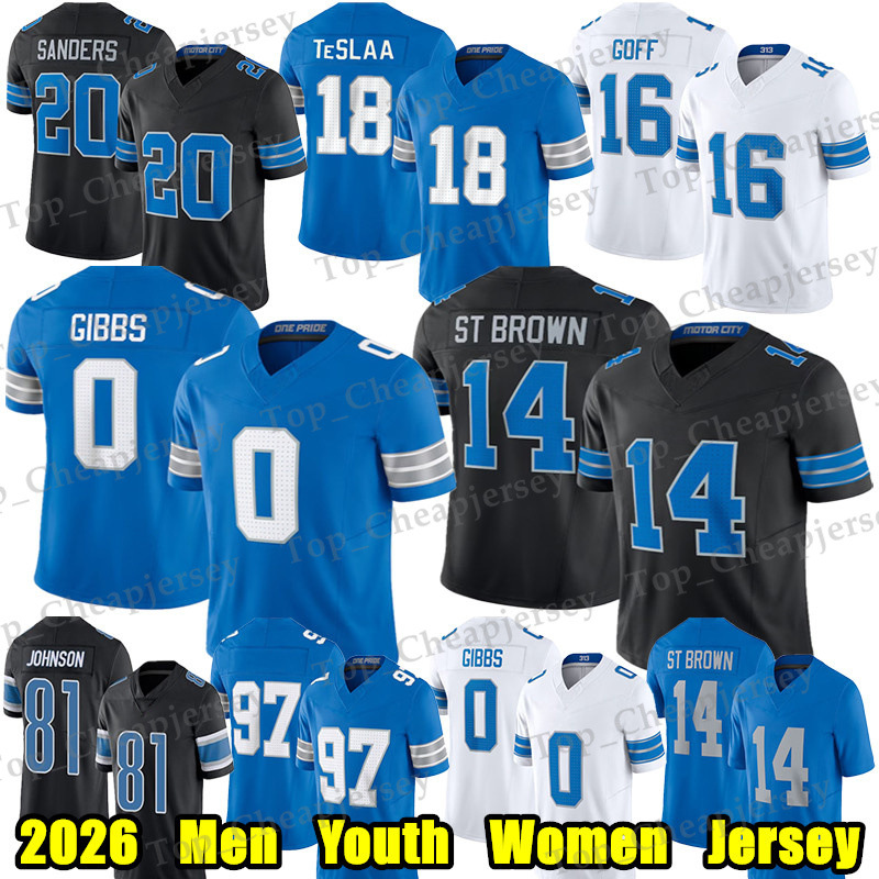 #0 Jahmyr Gibbs Football Jersey #16 Jared Goff Isaac TeSlaa Amon-Ra St Brown Jameson Williams Barry Sanders Johnson Sam LaPorta Terrion Arnold Al-image-921525774
