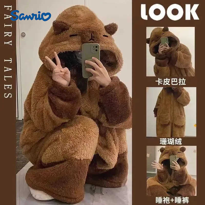 Sanrio Cute Cartoon Raccoon Coral Fleece Padded Thickened One-piece Pajamas Winter New Bee Home Wear Hooded Outside High Definition MS H251216-image-1088666596