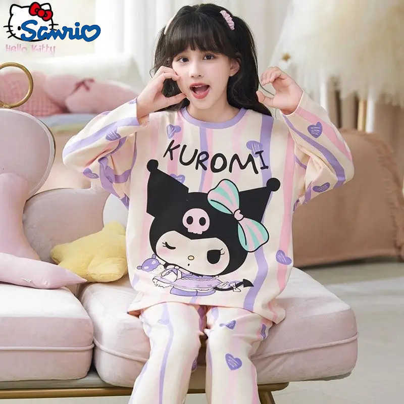 Sanrio Kawaii Kuromi My Melody Cotton Childrens Sleepwear Anime Girls New Spring and Autumn Cartoon Round Neck Home Clothes H251216-image-1088709220