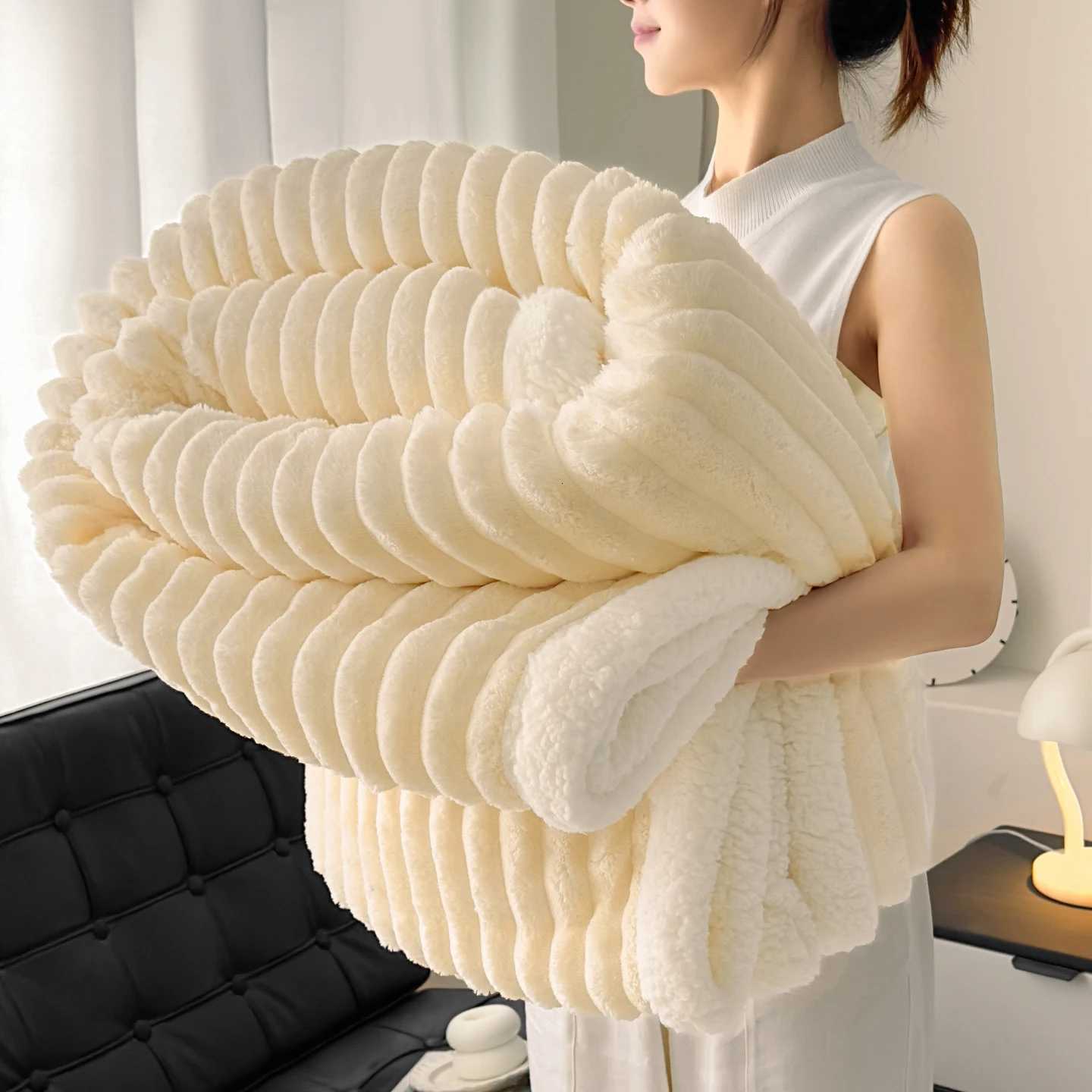 Cozy Fluffy Coral Fleece Blanket Thick Warm Striped Winter Duvets Soft Plush Sofa Throw Blanket Queen Bedroom Bedspread for Home H251216-image-1088600766