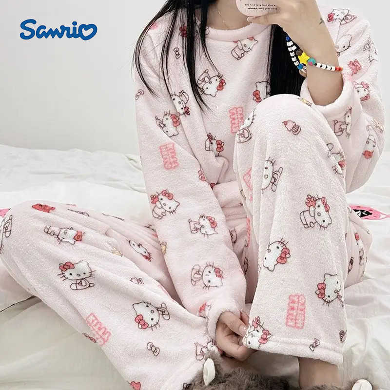 Sanrio Anime Hello Kittys Womens Pajamas Winter Cartoon Flannel Sleepwear Pants Set Kawaii Girls Casual Loungewear Soft Comfortable H251216-image-1088665211