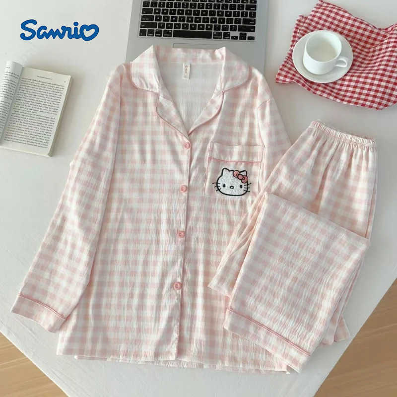 Sanrio Hello Kitty Pajama Set Pink Plaid Cartoon Pajamas Cotton Loose Comfortable Loungewear Set of Two Spring 2025 New H251216-image-1088667379