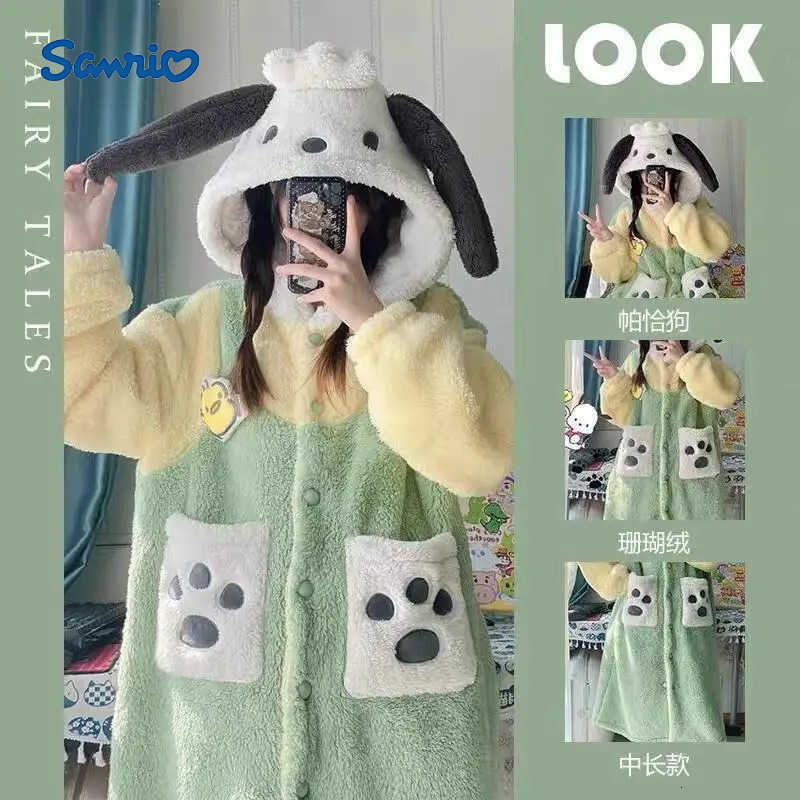 Sanrio 2025 New Anime My Melody Hooded Nightgown Kawaii Cartoon Pochacco Comfortable Warm Coral Fleece Sleepwear Pajama Woman Winter H251216-image-1088665613