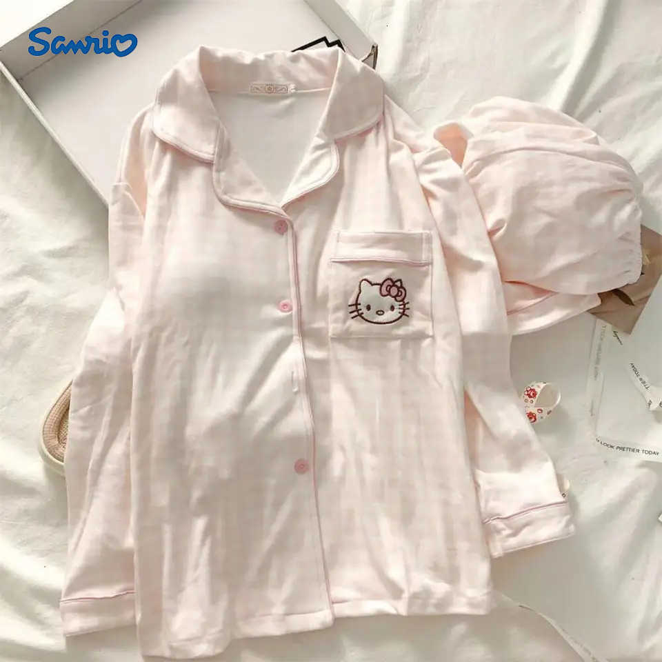 Sanrio Cartoon 2Pcs Women Pajamas Suit Hello Kitty Anime Kawaii Winter Warm Sweet Girls Cute Long Sleeves Loungewear Homewear H251216-image-1088667334