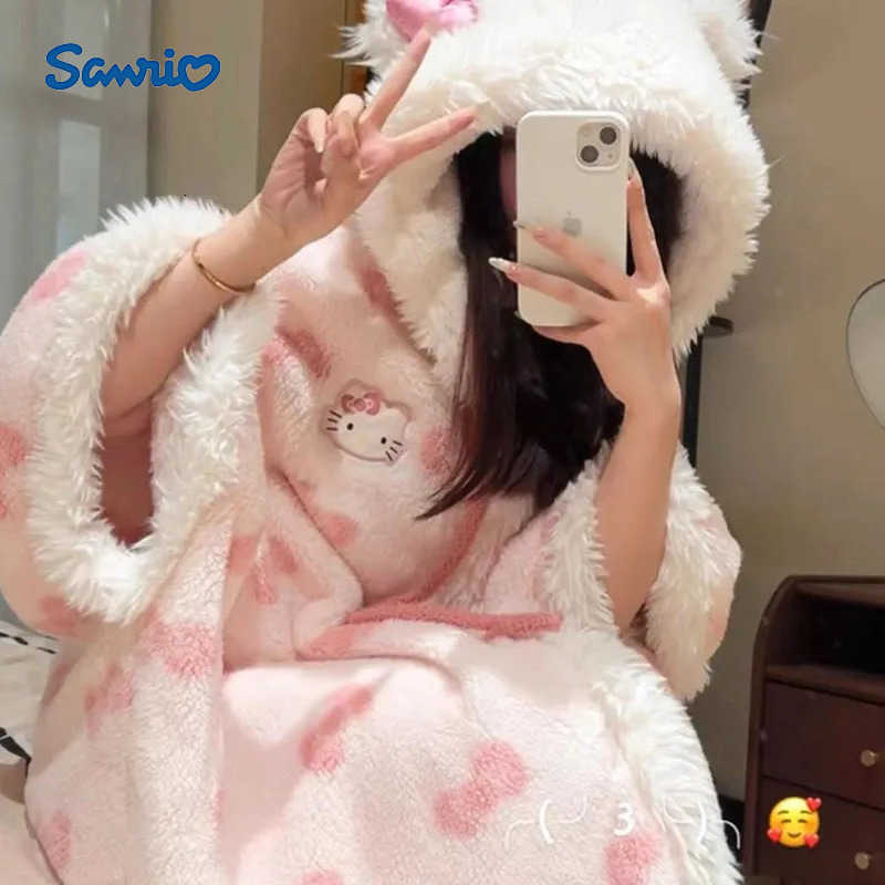 Sanrio Cartoon Cute Hello Kitty Girl Soft Girl Bow Coral Velvet Hoodie Sleeping Robe 2025 New Edition With Velvet Warm Cloak H251216-image-1088664341